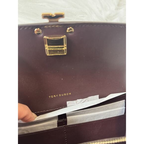 NEW $320 Tory Burch Britten Flap Envelope Wallet Tempranillo Brown Shiny Leather - Picture 7 of 8